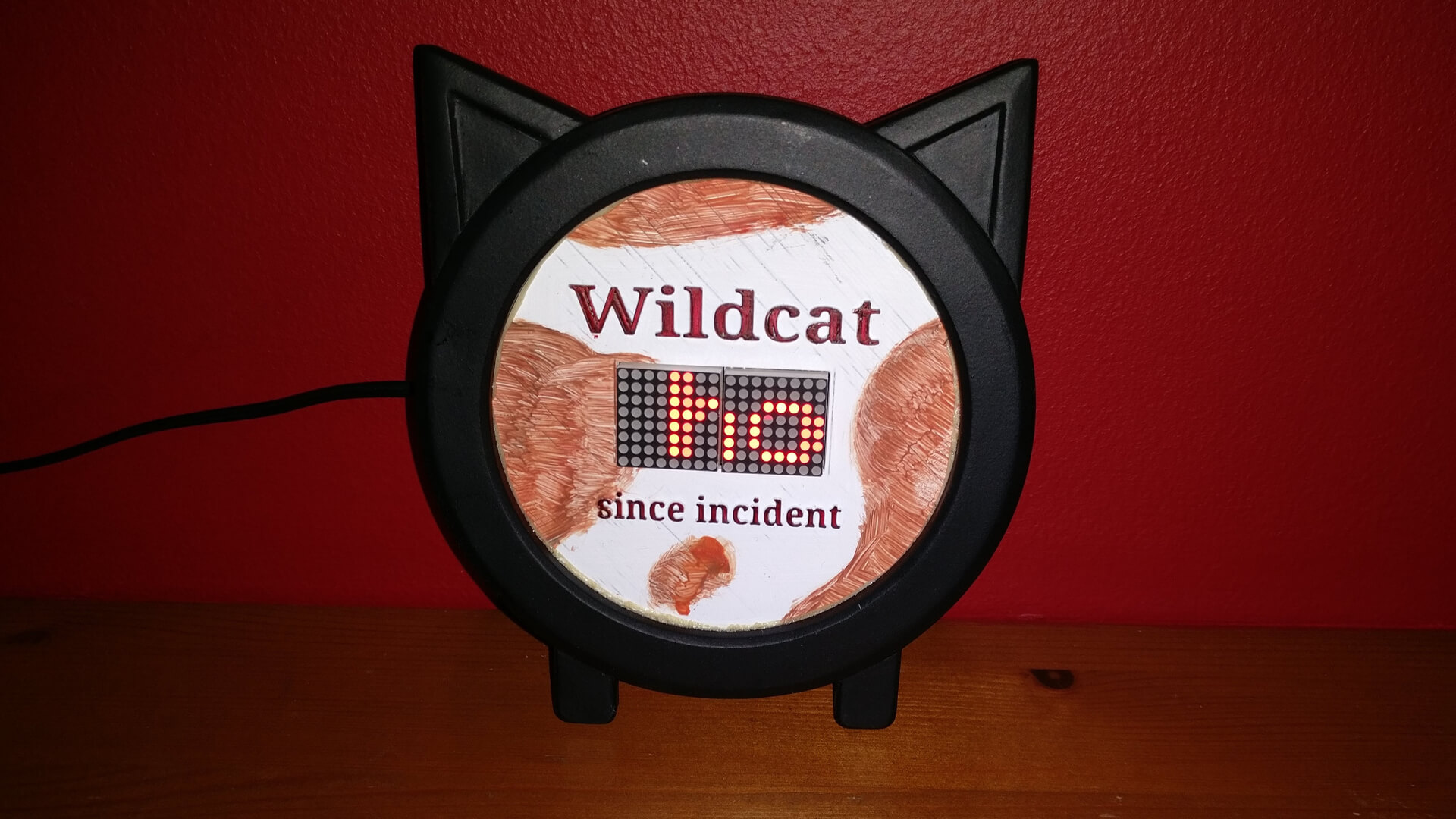 The finished Wildcat display, its LED matrix lit up