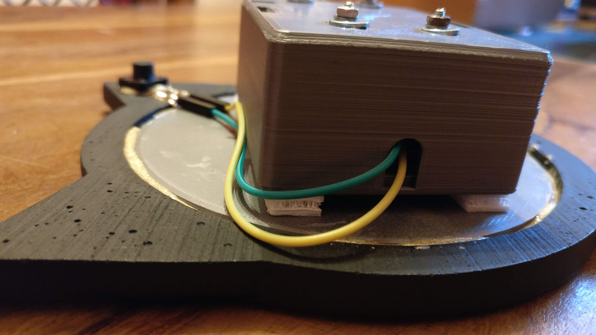 The back of the front panel, with the electronics case stuck on