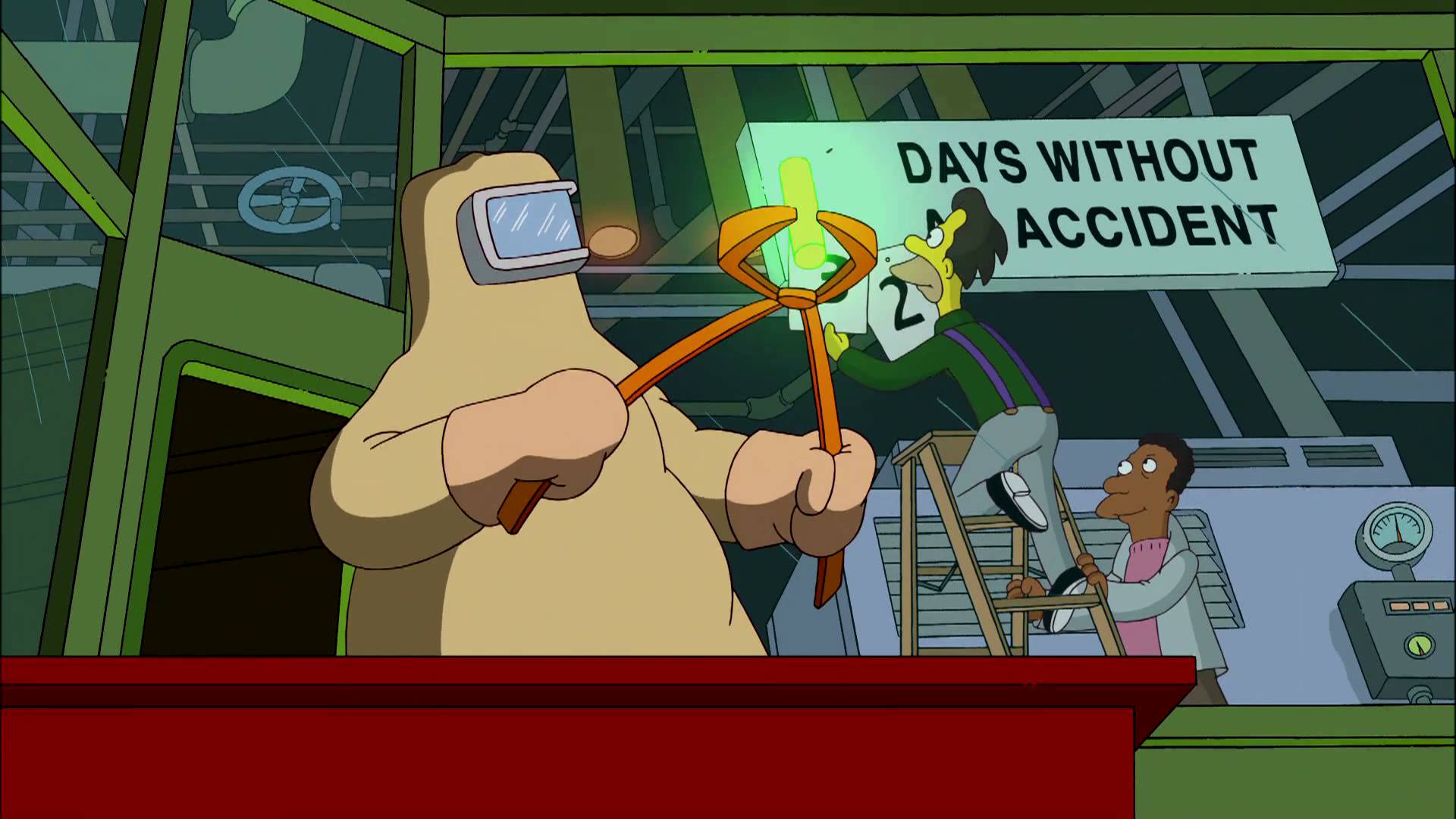 Scene from Futurama with a Days Without Accident sign