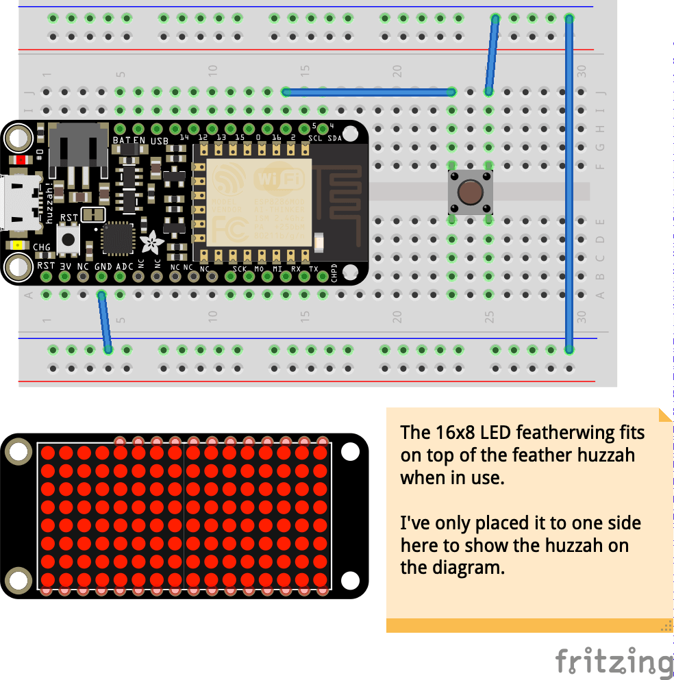 Breadboard diagram: the Feather Huzzah wired to a push button, with the 16x8 LED FeatherWing shown alongside