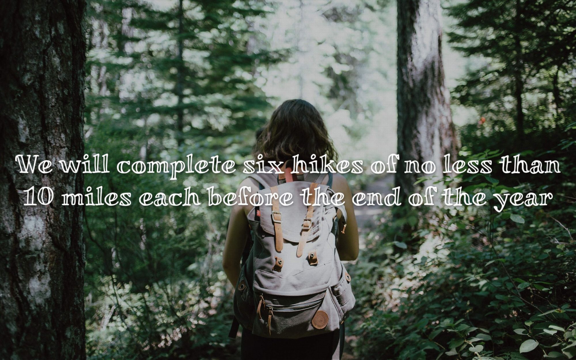 A goals slide showing a hiker in a forest, with the text: We will complete six hikes of no less than 10 miles each before the end of the year