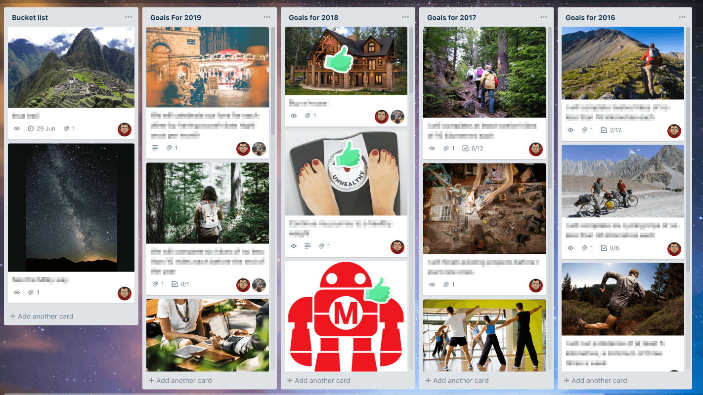 The Trello board, with a column of illustrated goal cards for each year