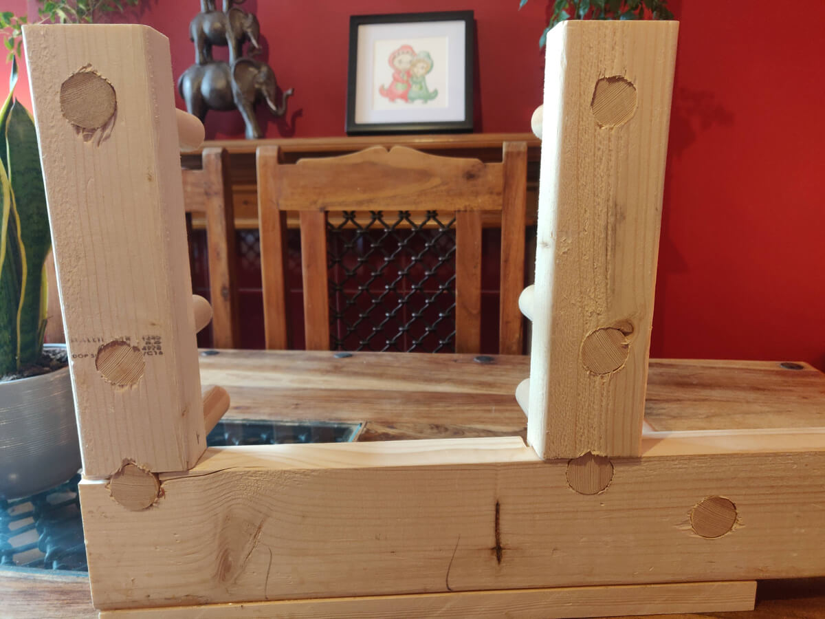 Holes drilled for the dowels, some cleaner than others
