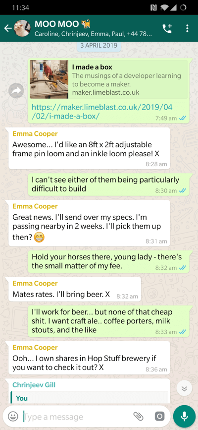 WhatsApp chat where Emma asks for an 8ft by 2ft adjustable frame pin loom and an inkle loom