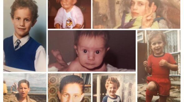 A collage of photos of me as a child, from baby to school age