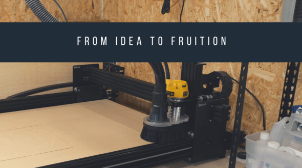 A WorkBee CNC machine with a router fitted, under a banner reading From Idea to Fruition