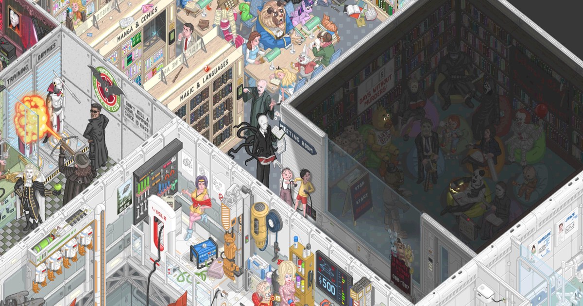 Part of Floor796's isometric pixel-art station: a library with Manga & Comics and Magic & Languages shelves where the Beast, Belle and Alice are reading, Slender Man by the Meeting Room sign, a darkened horror book club with Pennywise, Ghostface and Chucky under a Days Without Murders sign, Blade beside a vampire hunting club, and a workshop below with a Wesla charger
