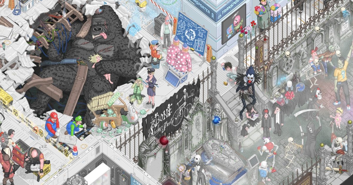 A corner of Floor796's isometric pixel-art station: King Kong slumped in a hole torn through the floor, Mario and Luigi fixing pipes beside him, and a foggy graveyard party of skeletons, Jack Skellington and Ryuk behind an iron fence